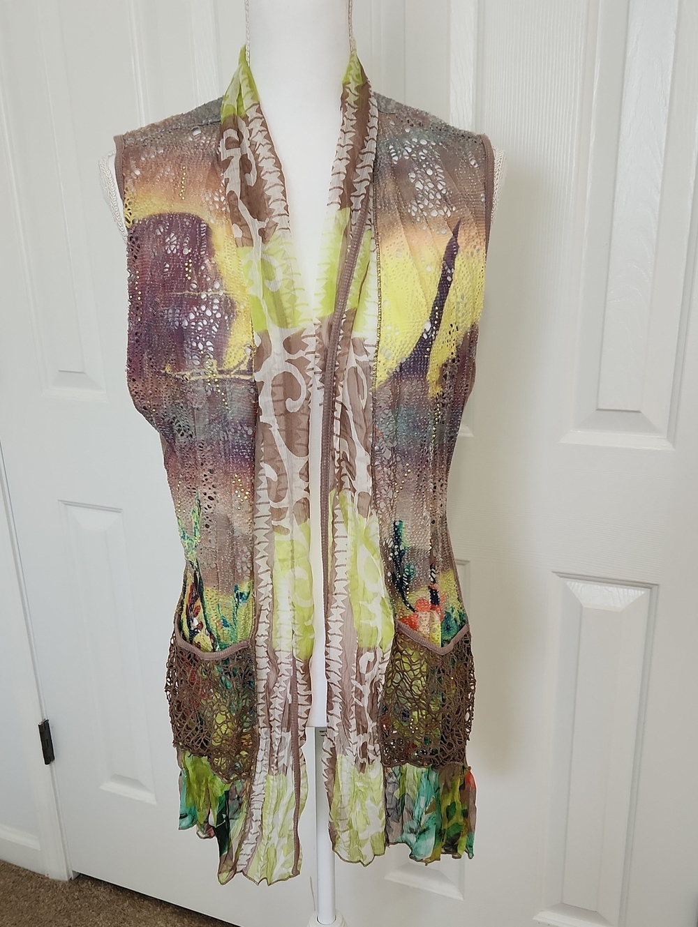 Elysee 26 Kimono Open Sleeveless Vest With Pockets Abstract Art M Bohemian
